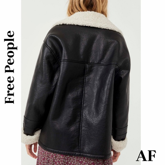 Free People Kaja Vegan Leather Black and Cream Teddy Jacket XL New - Picture 4 of 10